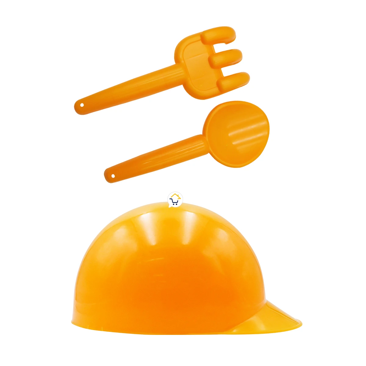 Casco de juguete con pala y rastrillo en color naranja.