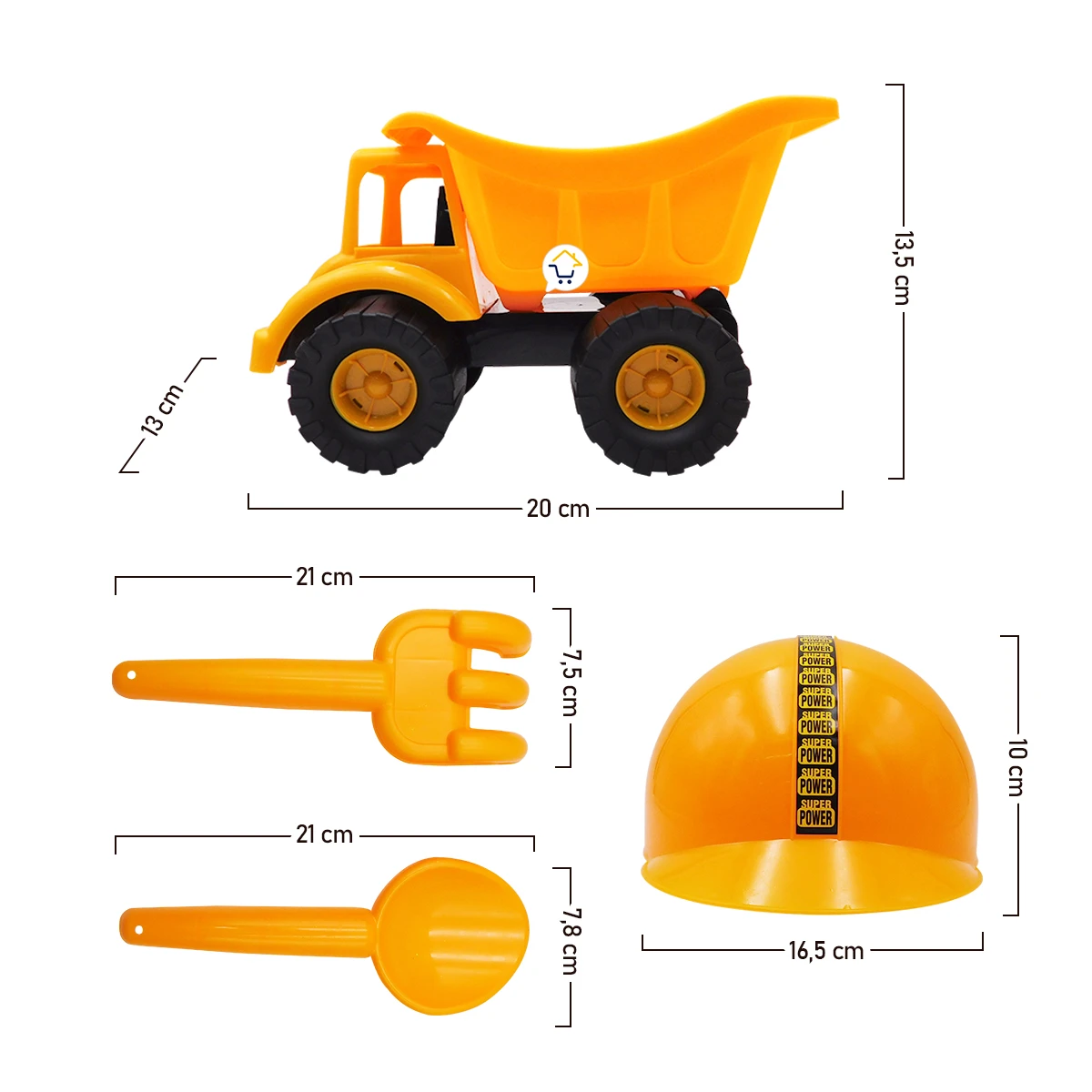 Set de construcción infantil con volqueta, casco, pala y rastrillo.