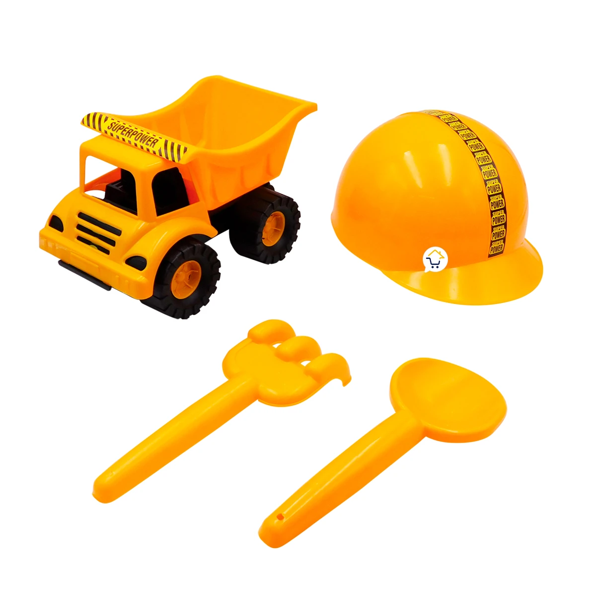 Set de construcción infantil con volqueta, casco y herramientas.
