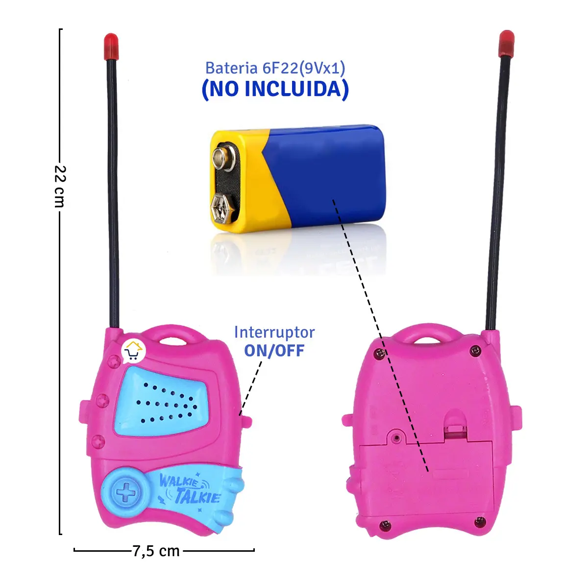 Walkie talkies infantiles en color rosa y azul con antenas largas y batería no incluida.
