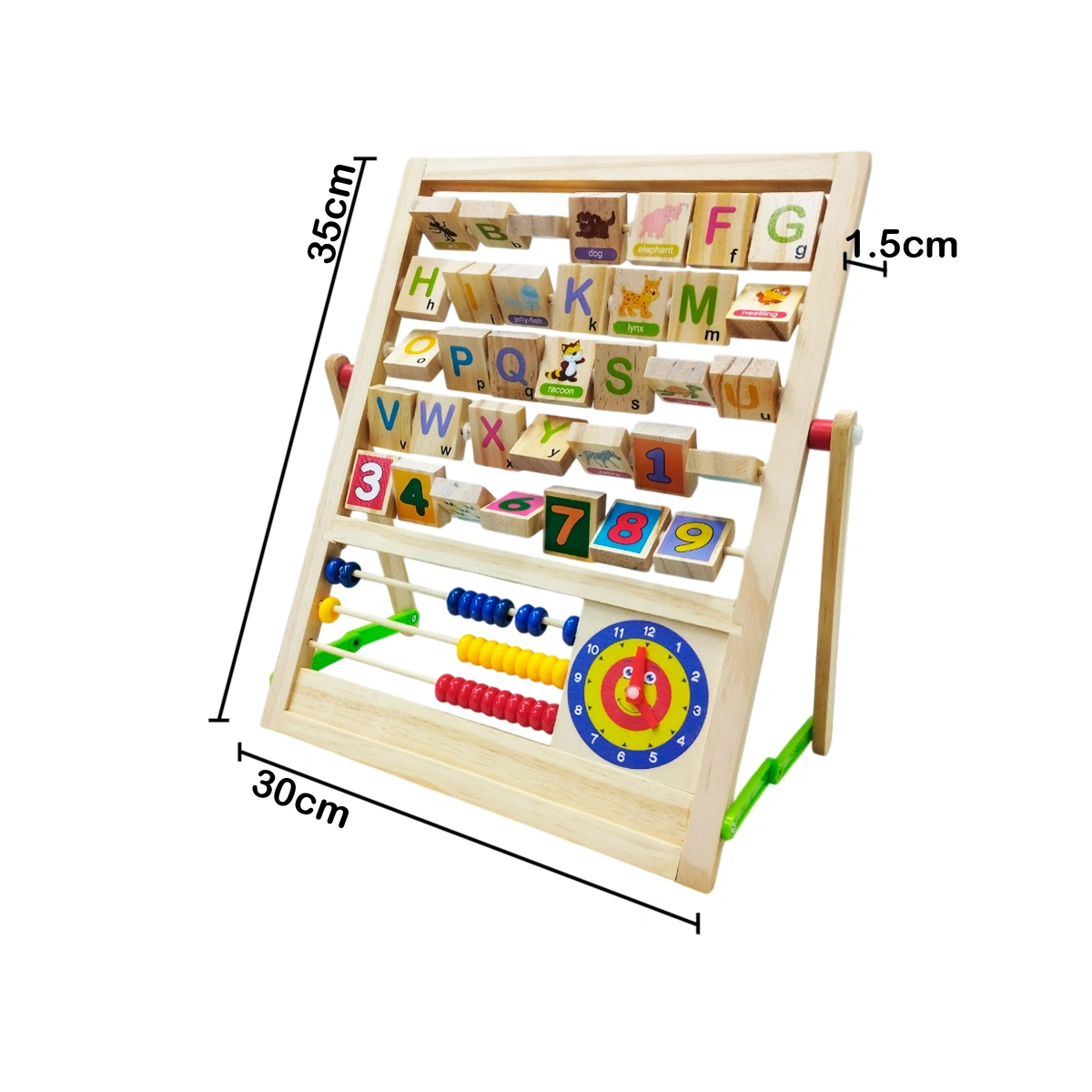 Tablero educativo de madera con letras, números y ábaco.
