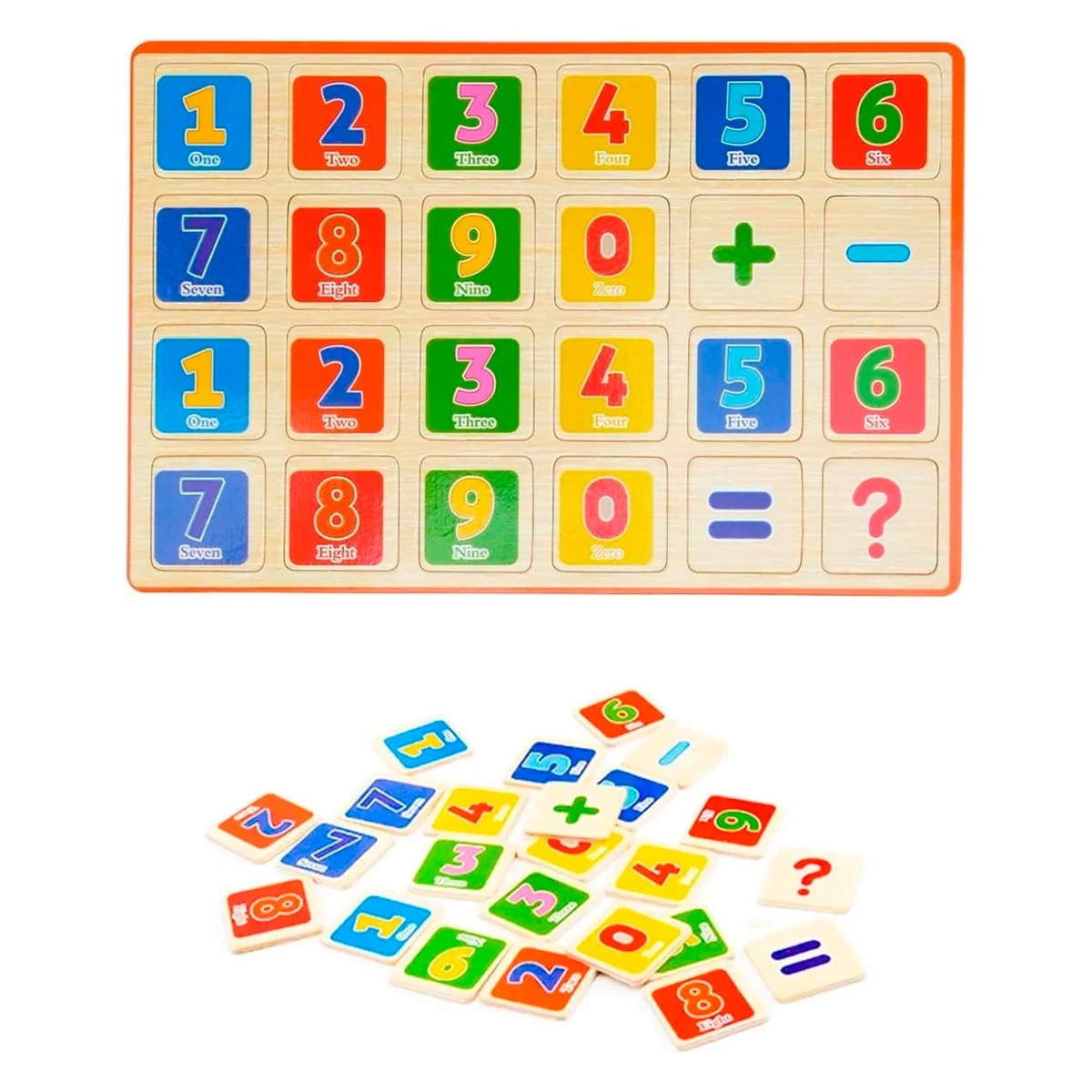 Tablero educativo con números y símbolos matemáticos de colores.