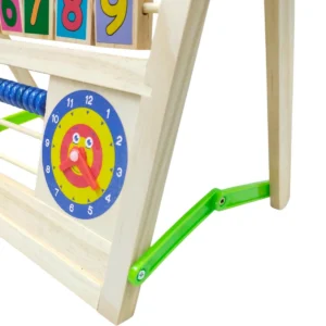 Tablero educativo de madera con reloj y ábaco.