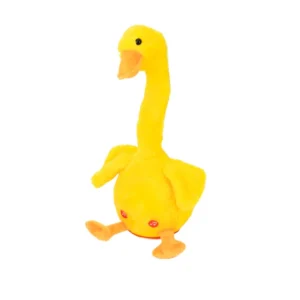 Juguete pato amarillo con cuello largo y patas extendidas.