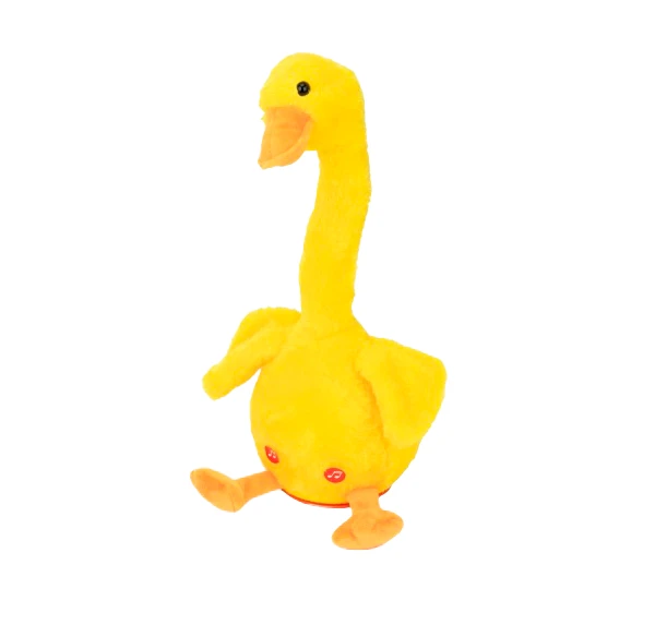 Juguete pato amarillo con cuello largo y patas extendidas.