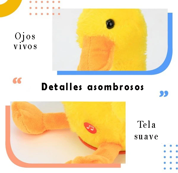 Juguete de pato amarillo con ojos brillantes y tela suave.