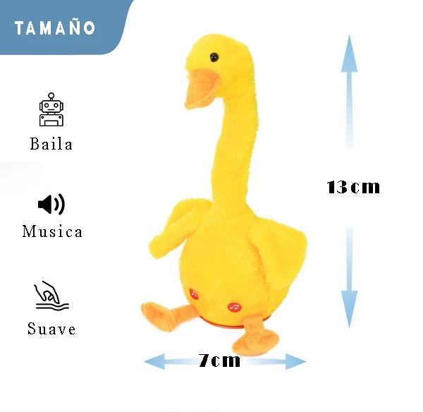 Juguete pato amarillo de peluche que baila al ritmo de la música.