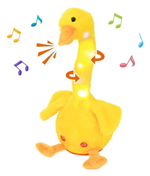 Juguete de pato amarillo con luces y notas musicales alrededor.