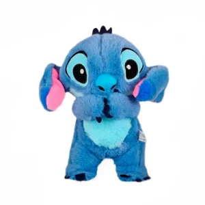 Peluche azul con orejas rosadas y ojos grandes.