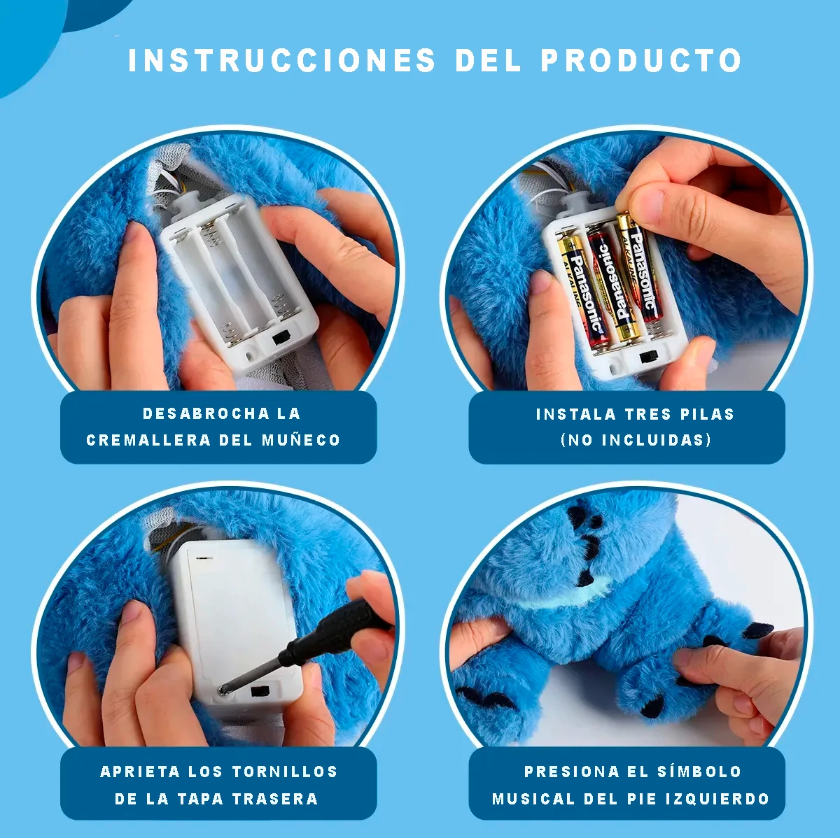 Manos instalando pilas en un peluche azul con instrucciones.