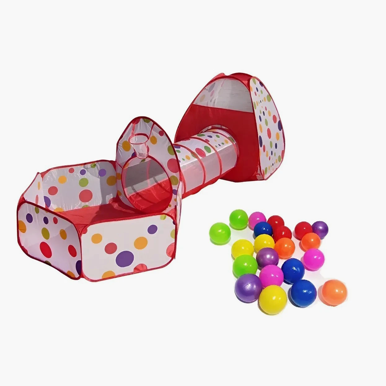 Carpa triangular multiusos con túnel y piscina de pelotas.