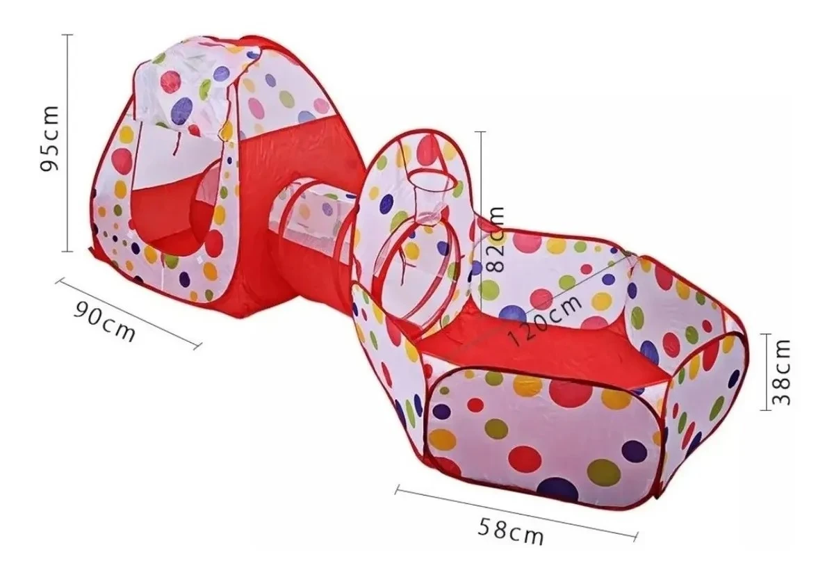 Carpa de juego 3 en 1 roja con puntos de colores y túnel.
