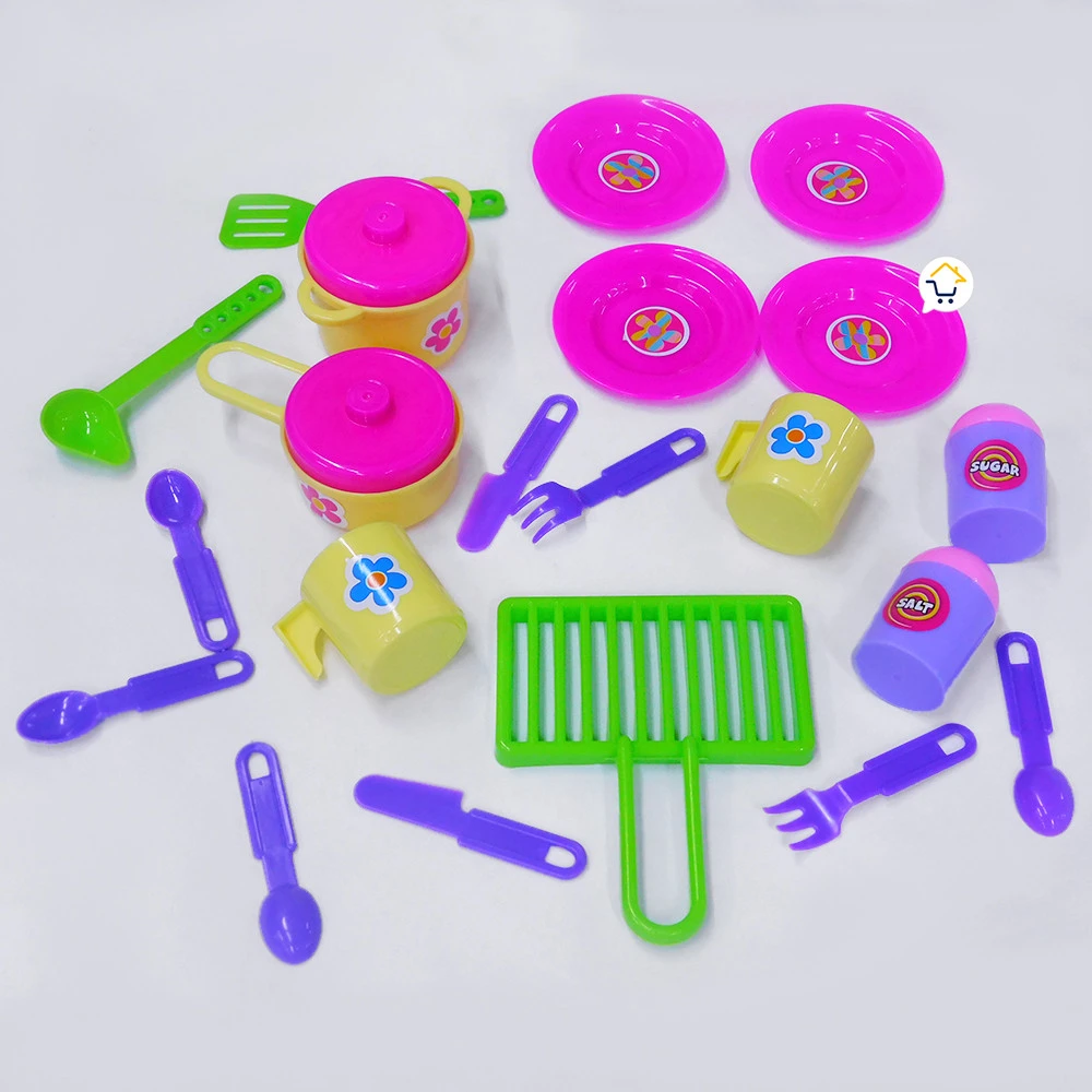 Juego de utensilios de cocina en colores vibrantes para niños.