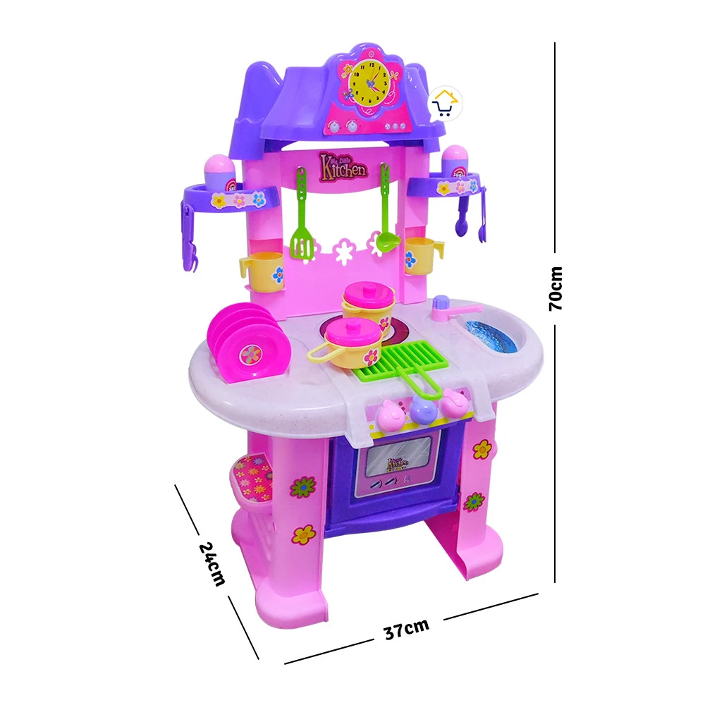Cocina de juguete rosa con accesorios y diseño colorido.
