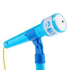 Micrófono azul infantil con soporte ajustable y detalle de estrellas.