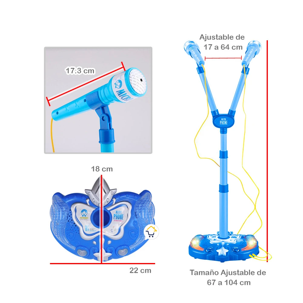 Micrófono de karaoke infantil azul con base ajustable y luces.