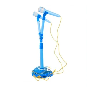 Micrófono de karaoke infantil azul con base y dos micrófonos.