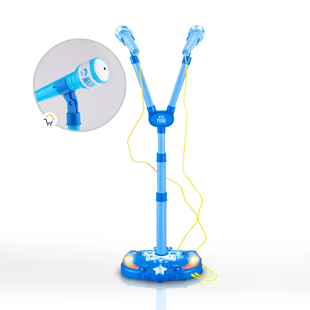 Micrófono karaoke infantil azul con base y luces.