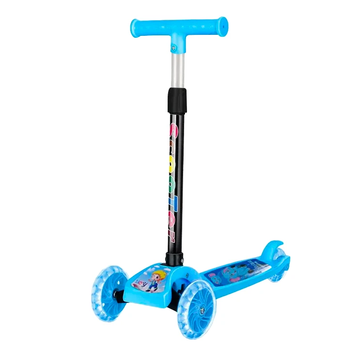 Monopatín scooter 3 ruedas azul con diseño infantil y manubrio ajustable.