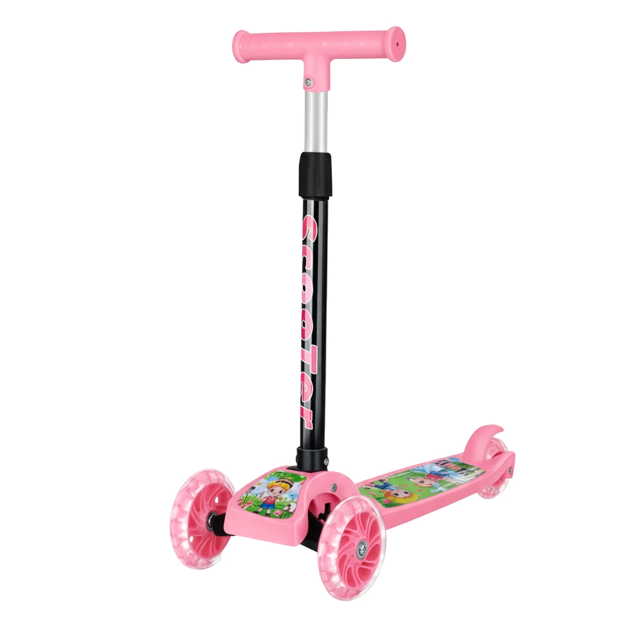 Monopatín scooter infantil rosa con diseño colorido y 3 ruedas.