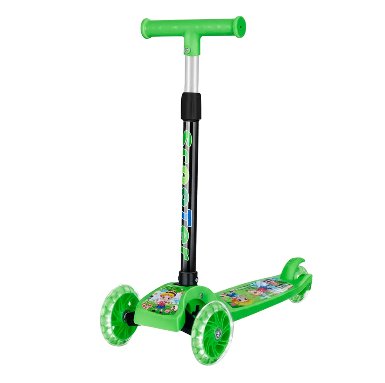Patineta scooter infantil verde con manubrio ajustable y tres ruedas.