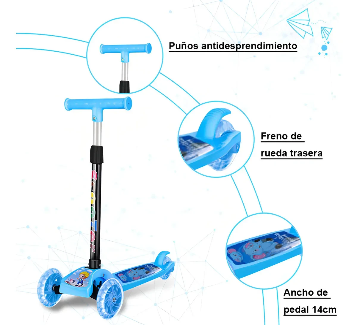 Monopatín scooter infantil azul con detalles de seguridad.