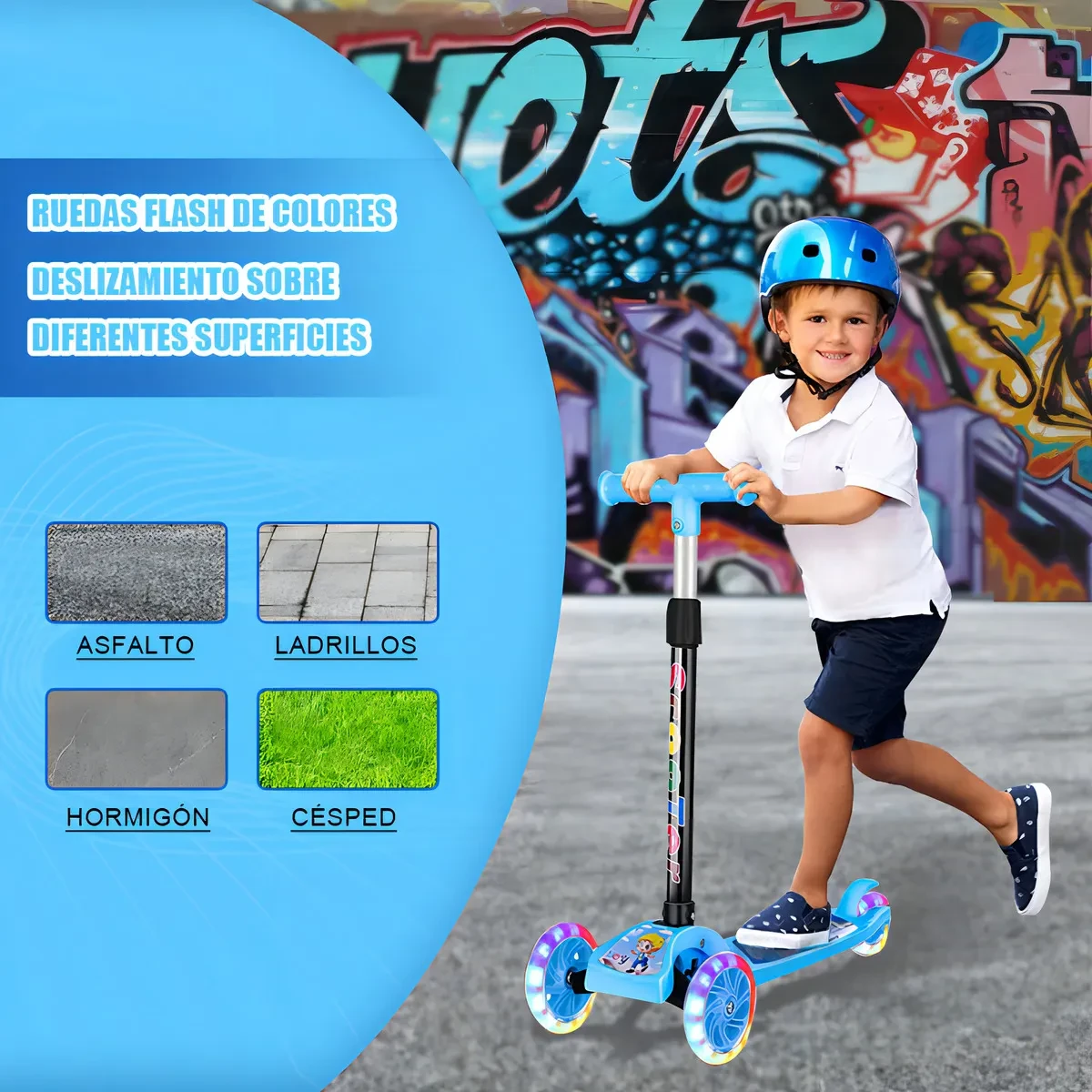 Niño en patineta scooter azul con casco frente a grafiti.