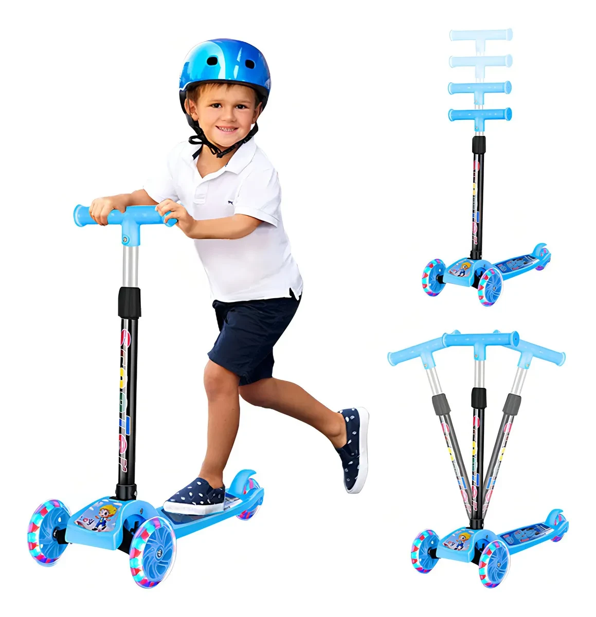 Niño montando un monopatín scooter azul con casco.