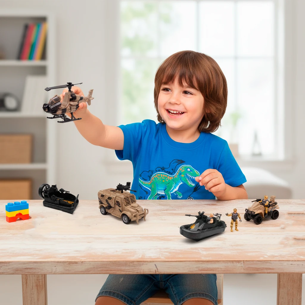 Niño jugando con un set de vehículos militares de juguete en una mesa.