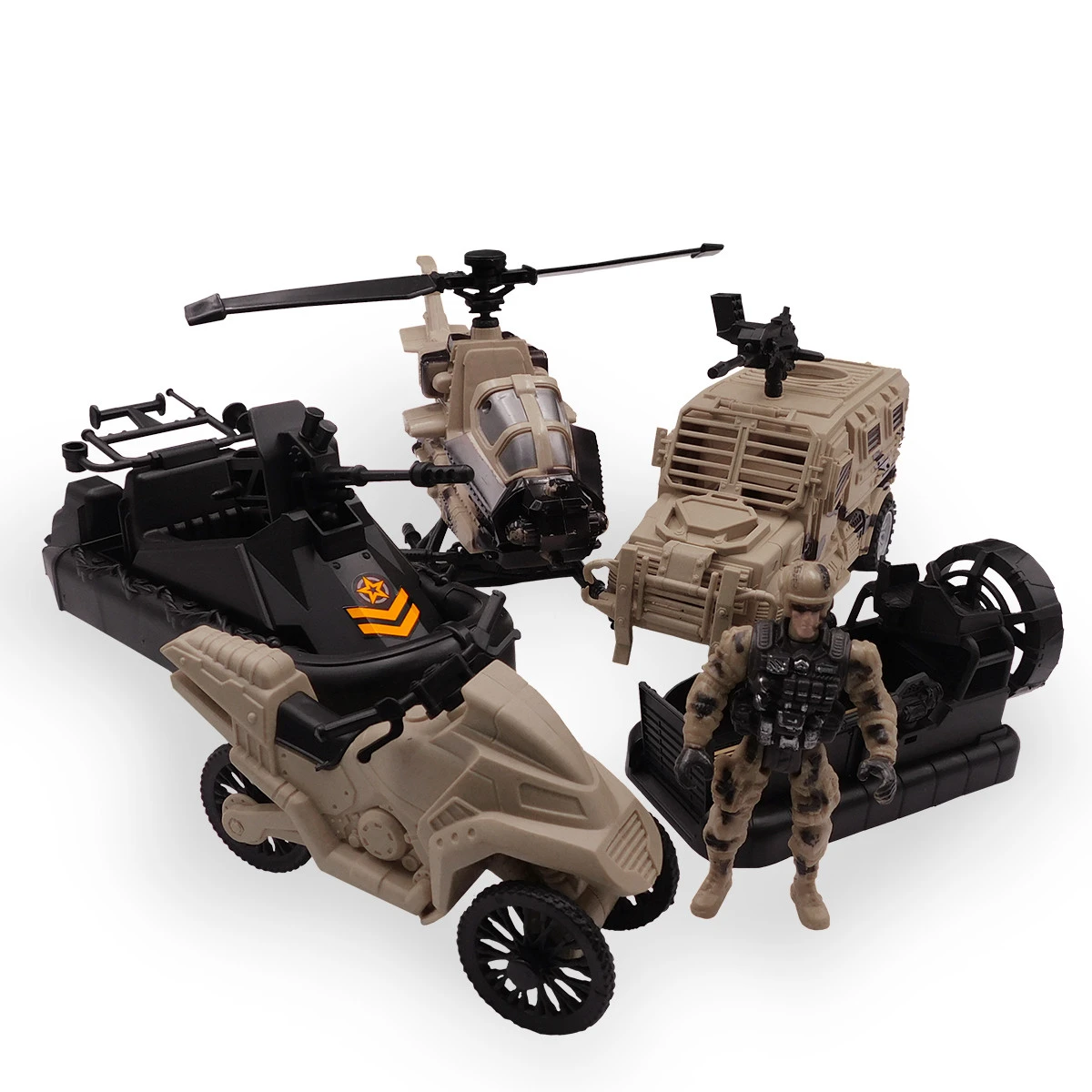 alternativo: Set de juguetes militares con helicóptero, lancha, camión, moto y figura de soldado.