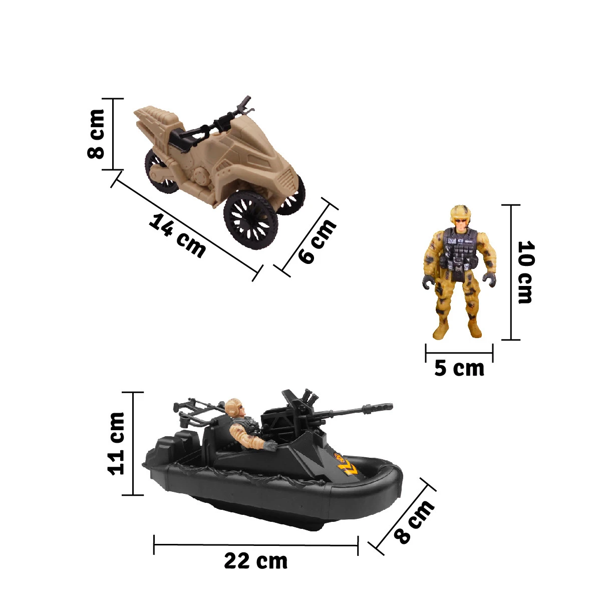 Juguetes militares: moto beige, deslizador negro y figura de soldado.