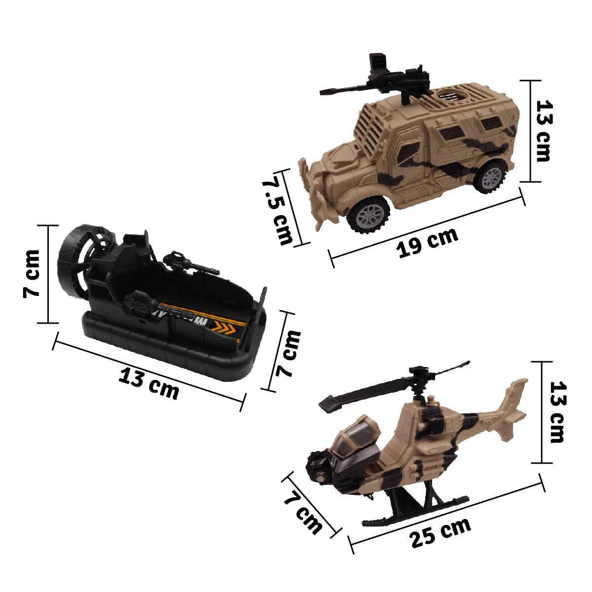 Tres vehículos de juguete en estilo militar con medidas.