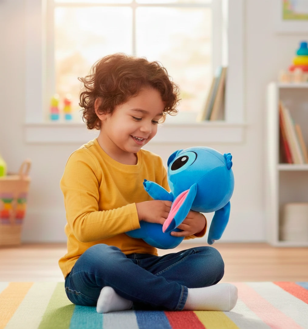 Niño sonriente jugando con un peluche azul de Stitch en una habitación colorida.