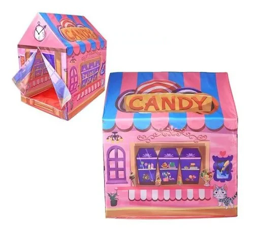 Tienda infantil rosa estilo candy con gráficos de dulcería.