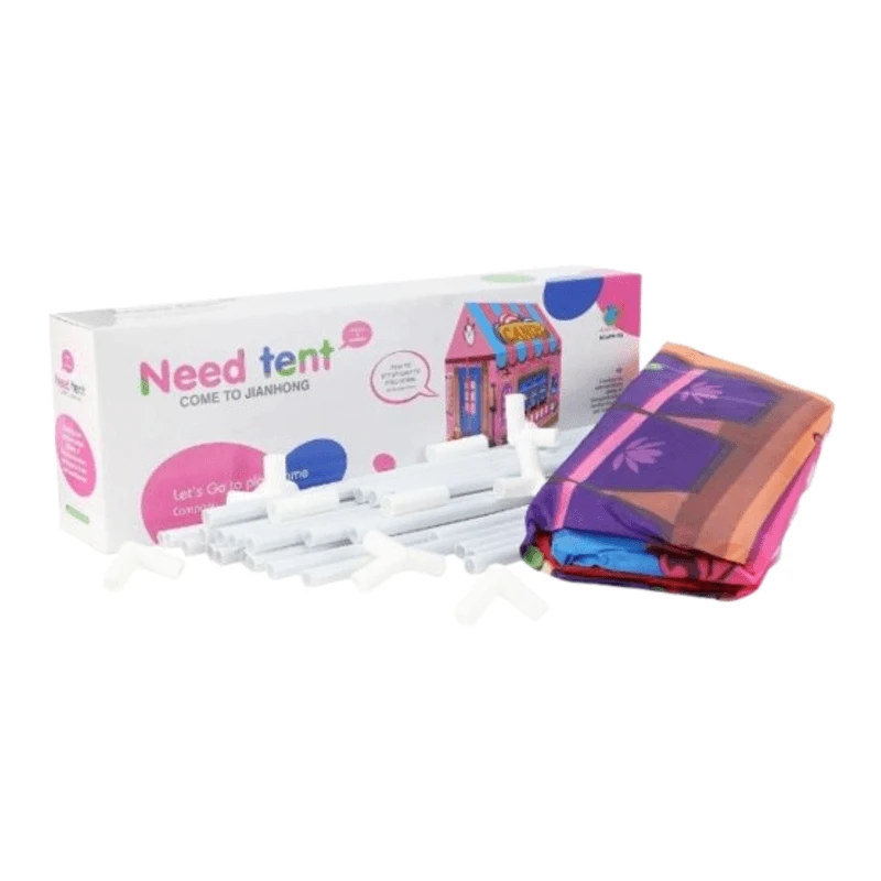 Caja y componentes de una tienda de campaña infantil colorida.