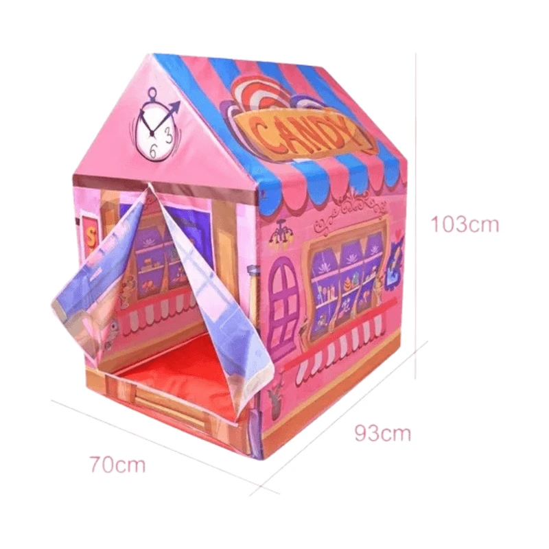 Carpa infantil con diseño de tienda de dulces, colores vibrantes