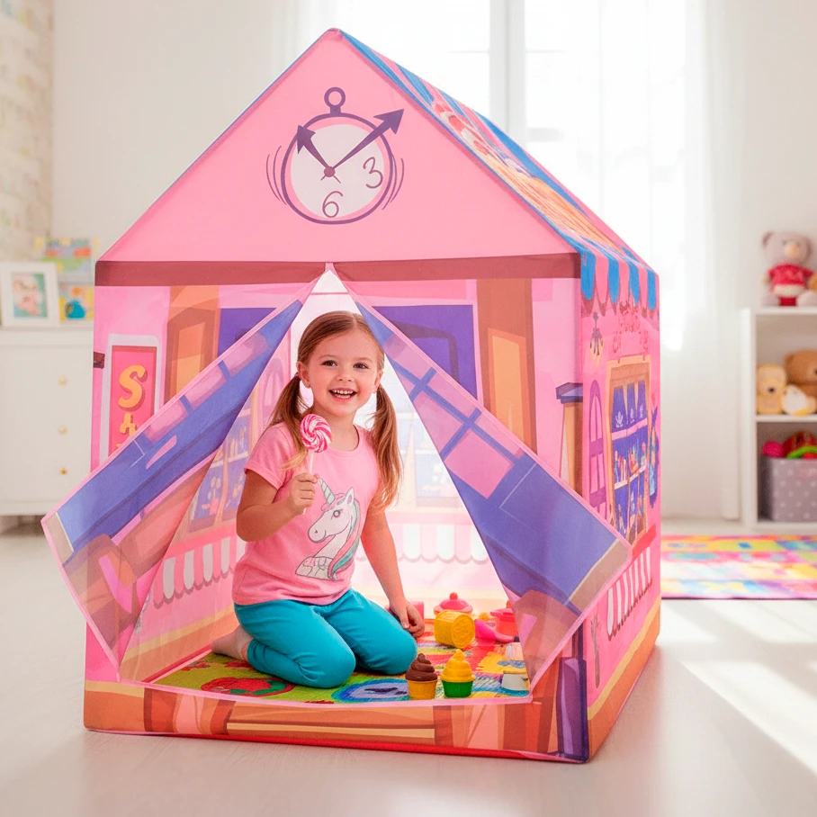 Niña jugando dentro de una tienda de campaña infantil rosada.