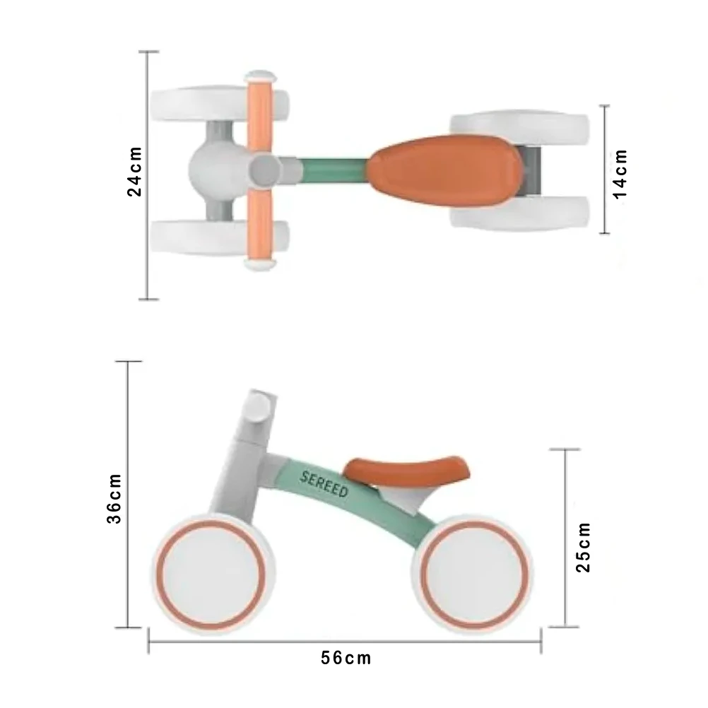 Vista superior y lateral de una bicicleta de equilibrio SEREED con dimensiones.