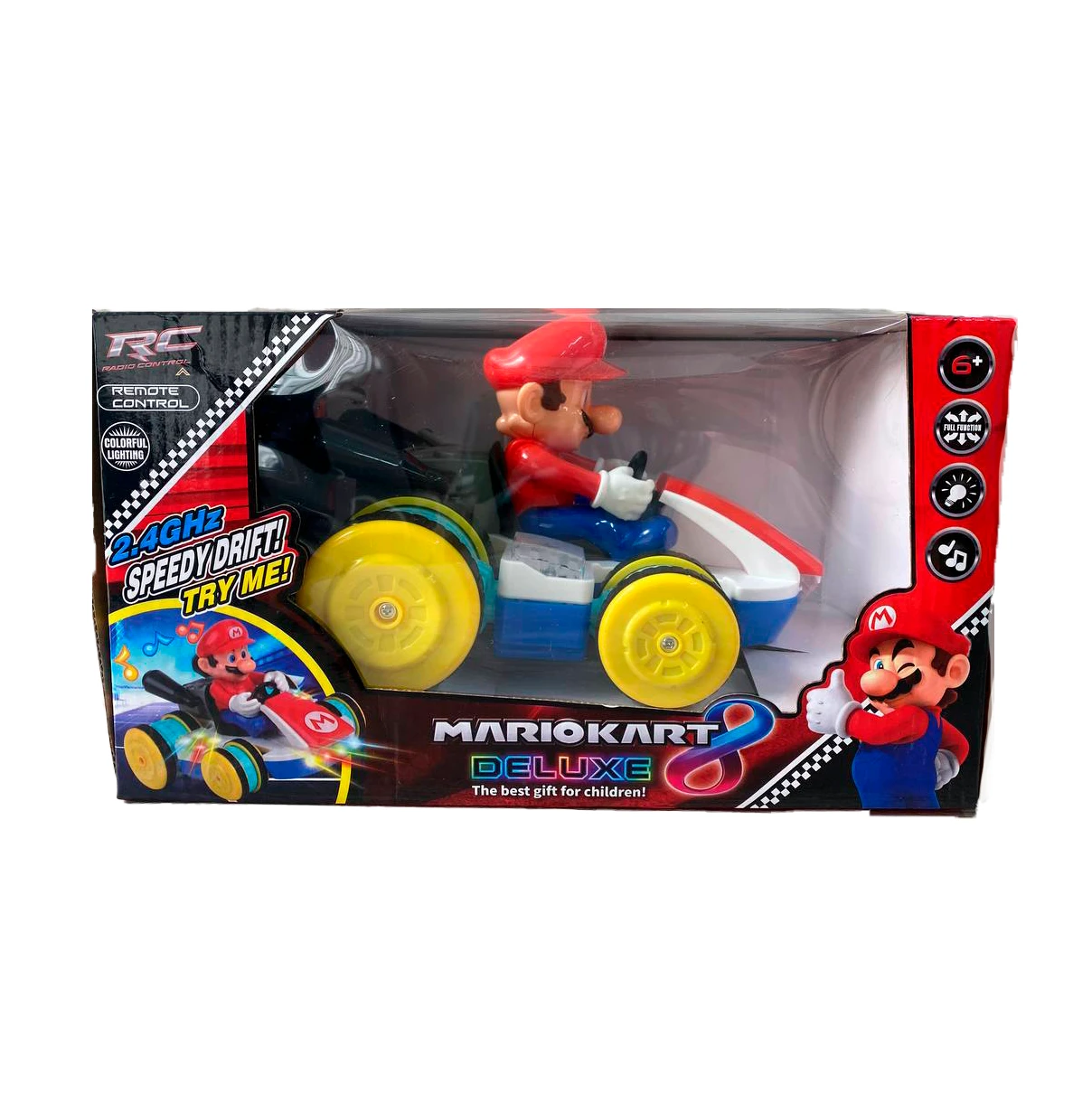 Carro a control remoto de Mario Kart en su caja con diseño colorido.