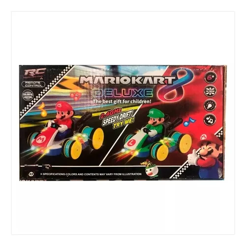 Caja de carro a control remoto Mario Kart con imágenes de Mario y Luigi en sus vehículos.