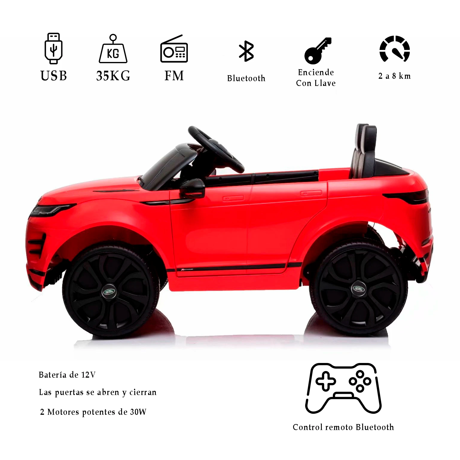 Carro montable rojo para niños estilo Land Rover con control remoto.