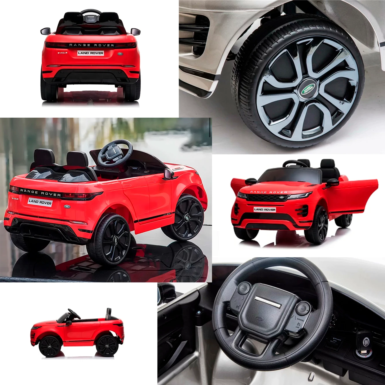 Coche eléctrico rojo para niños estilo Land Rover con puertas abiertas.