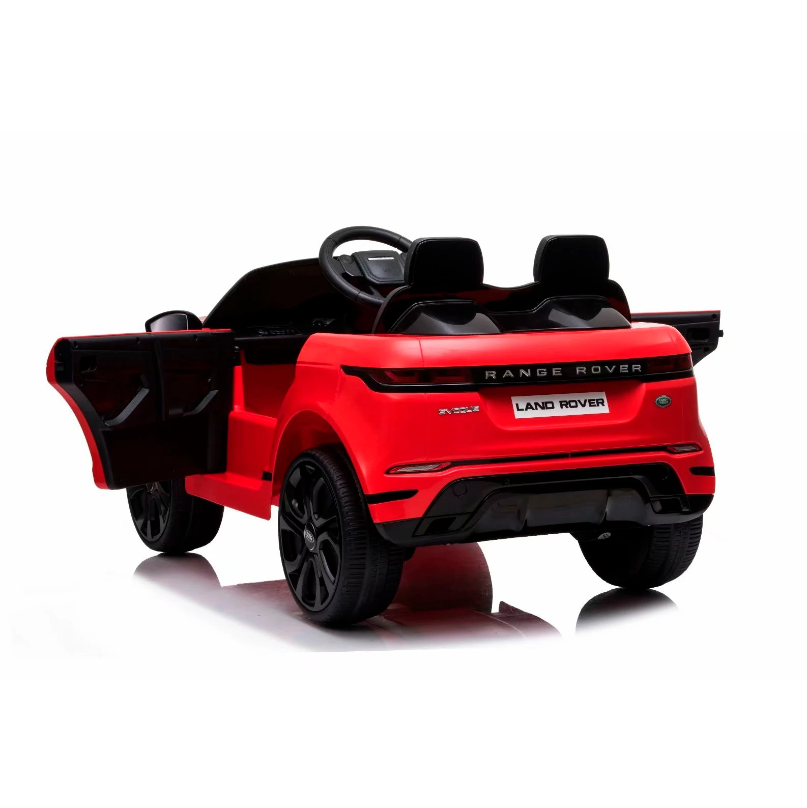 Carro montable Land Rover rojo con puertas abiertas.