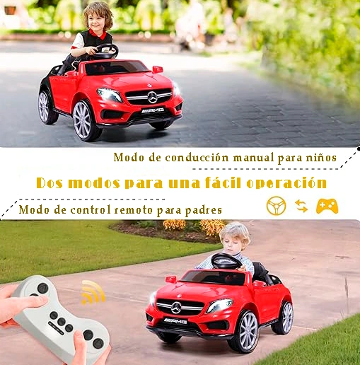 Niño conduciendo carro eléctrico Mercedes Benz rojo con control remoto.