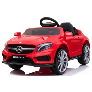 Carro eléctrico montable rojo Mercedes Benz con puertas abiertas.