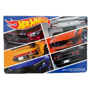 Caja de set de 10 carros Hot Wheels con imágenes de autos deportivos.