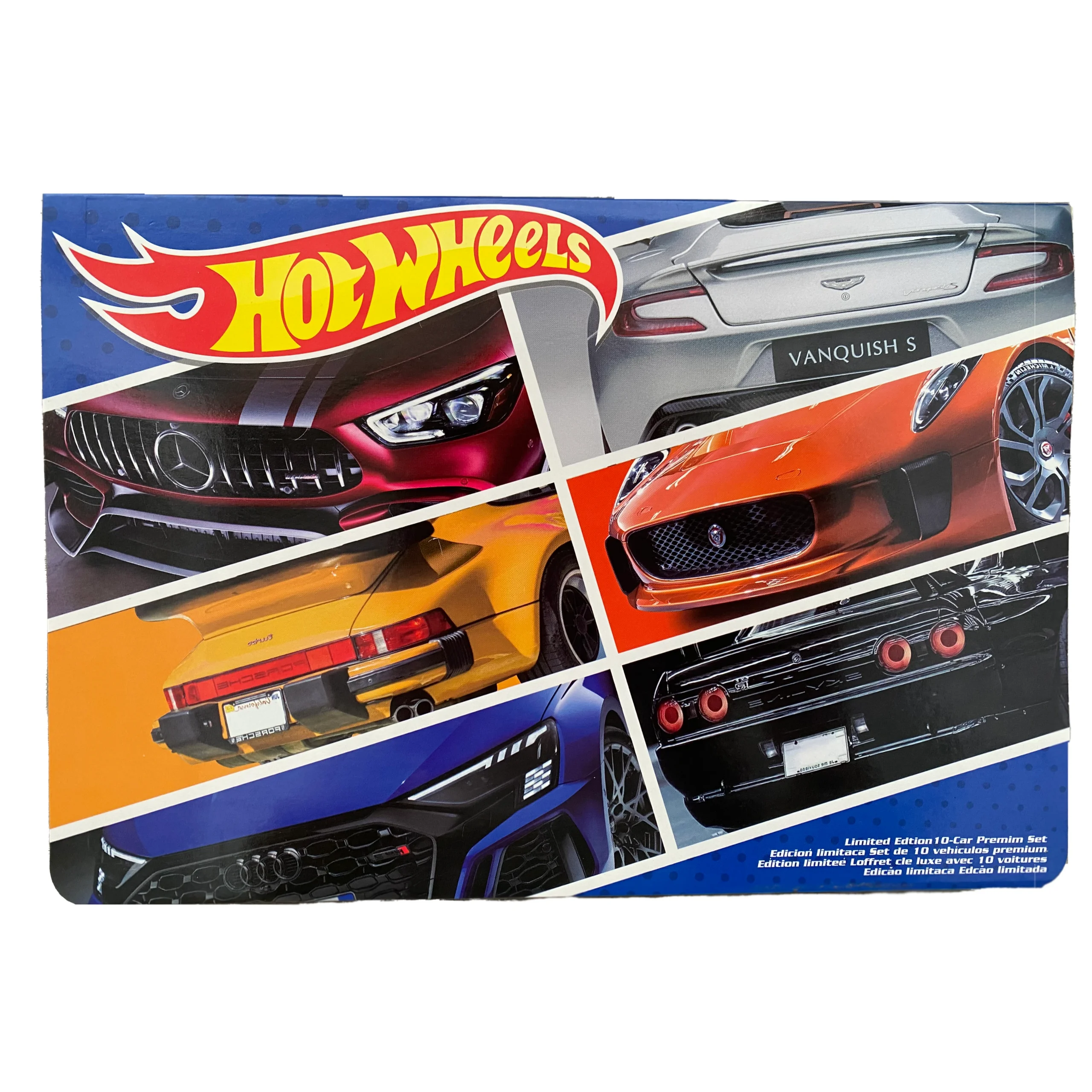Caja de set de 10 carros Hot Wheels con imágenes de autos deportivos.