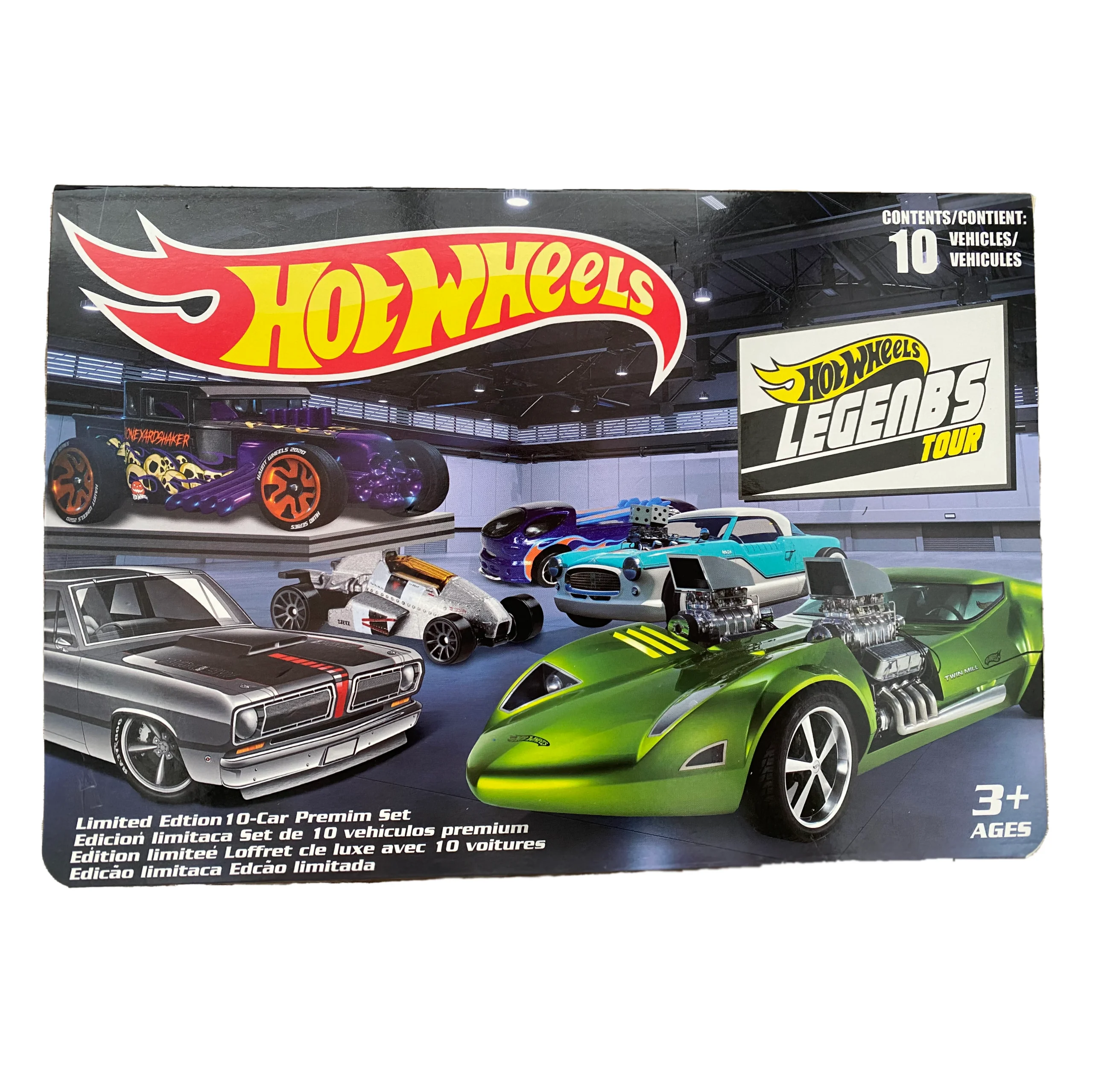 Set de 10 carros Hot Wheels con diseños variados y coloridos.