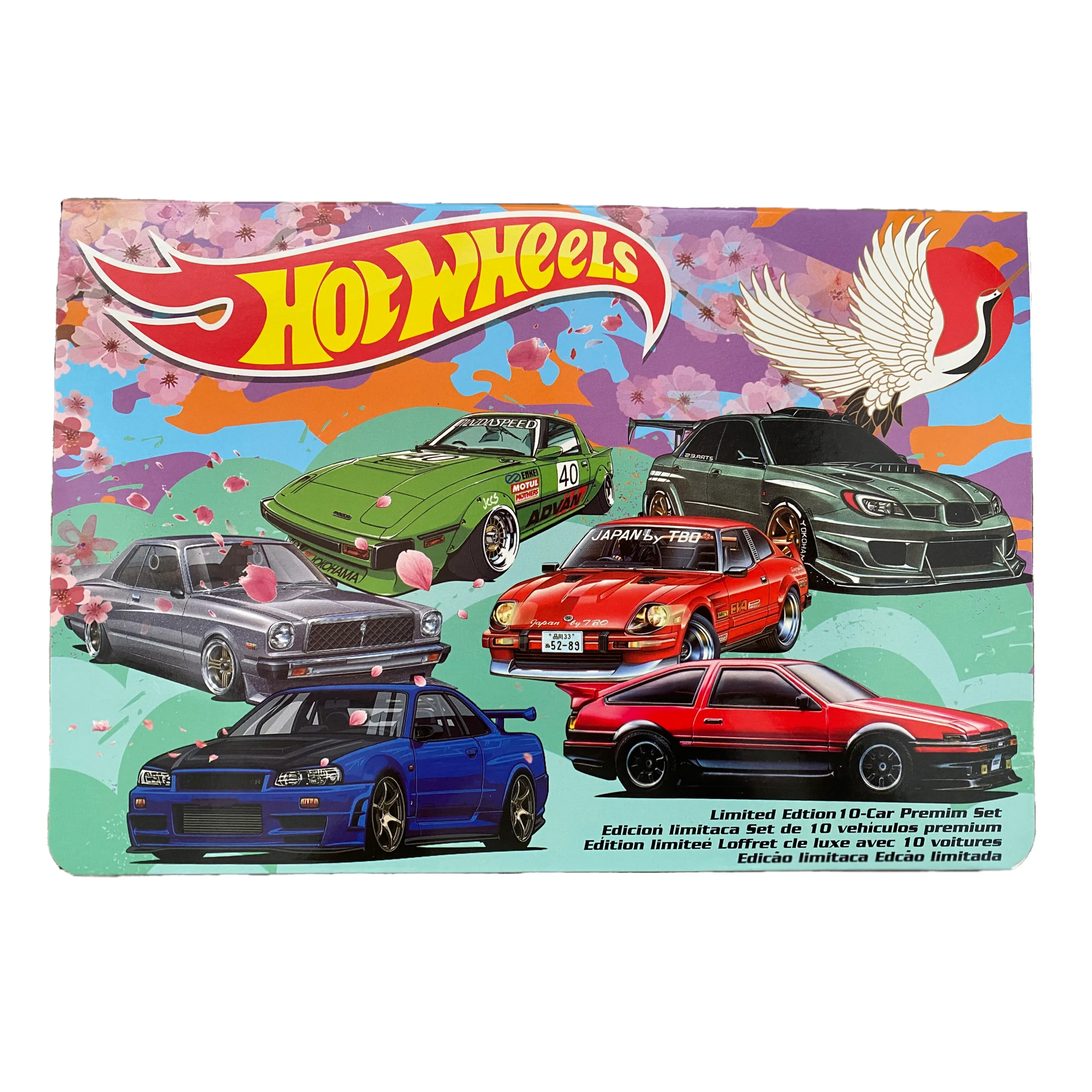 Caja de edición limitada Hot Wheels con ilustraciones de carros.