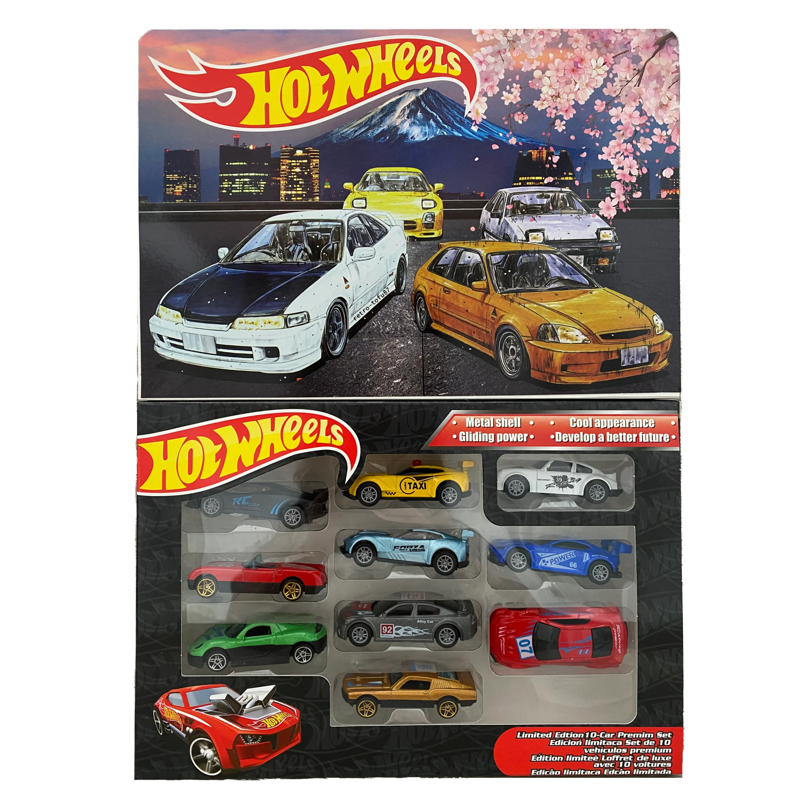 Set de 10 carros Hot Wheels en caja con diseño urbano.